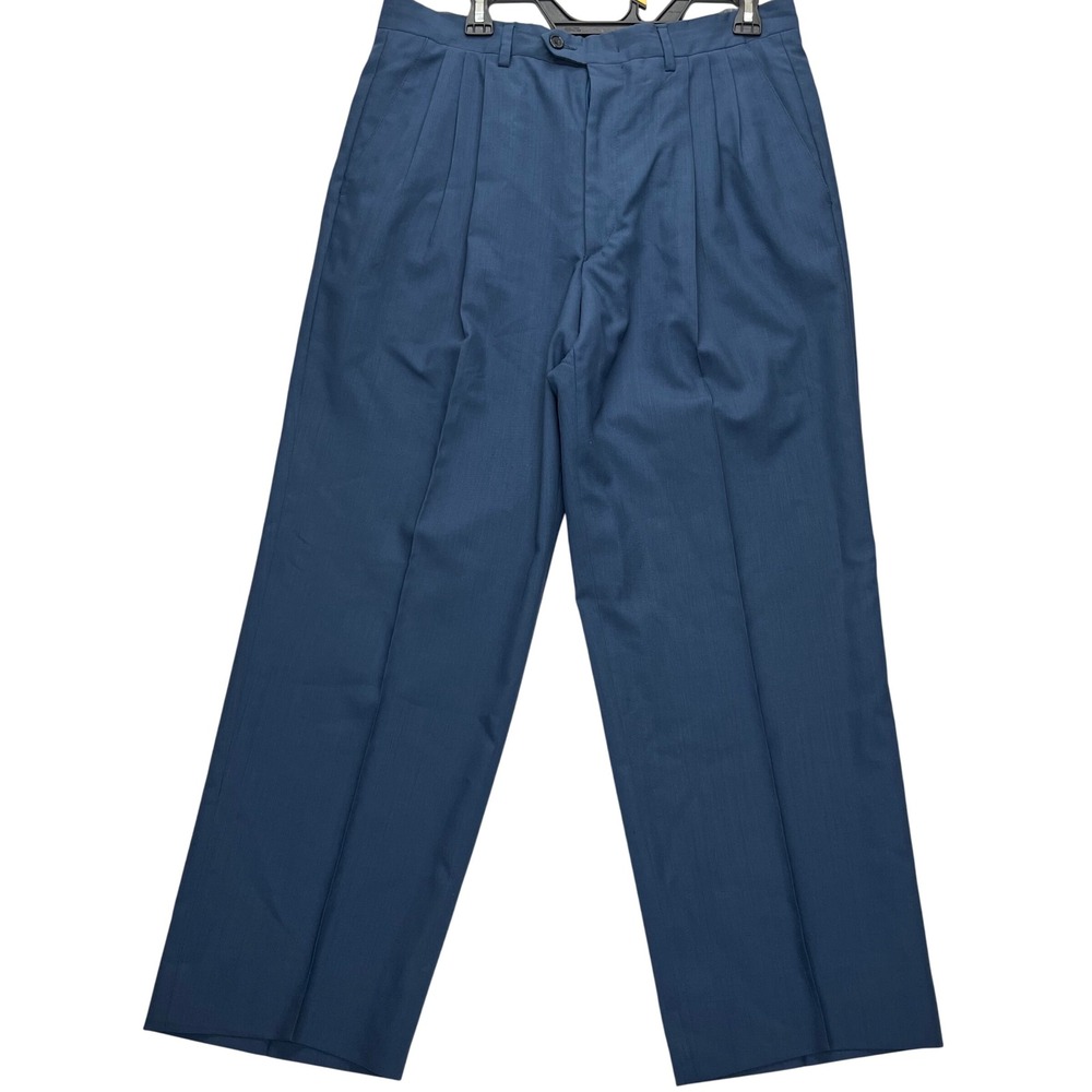 Pure New Wool Dress Pants Mens 32x27 Blue Double Pleated Straight Leg Trousers